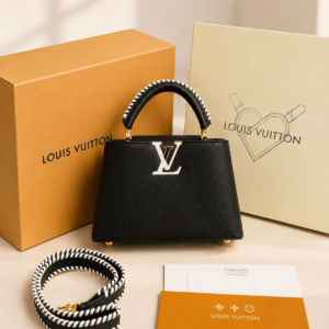 louiis vuitton puciness medium black woven leather with og double box with dust bag 98147 woven black