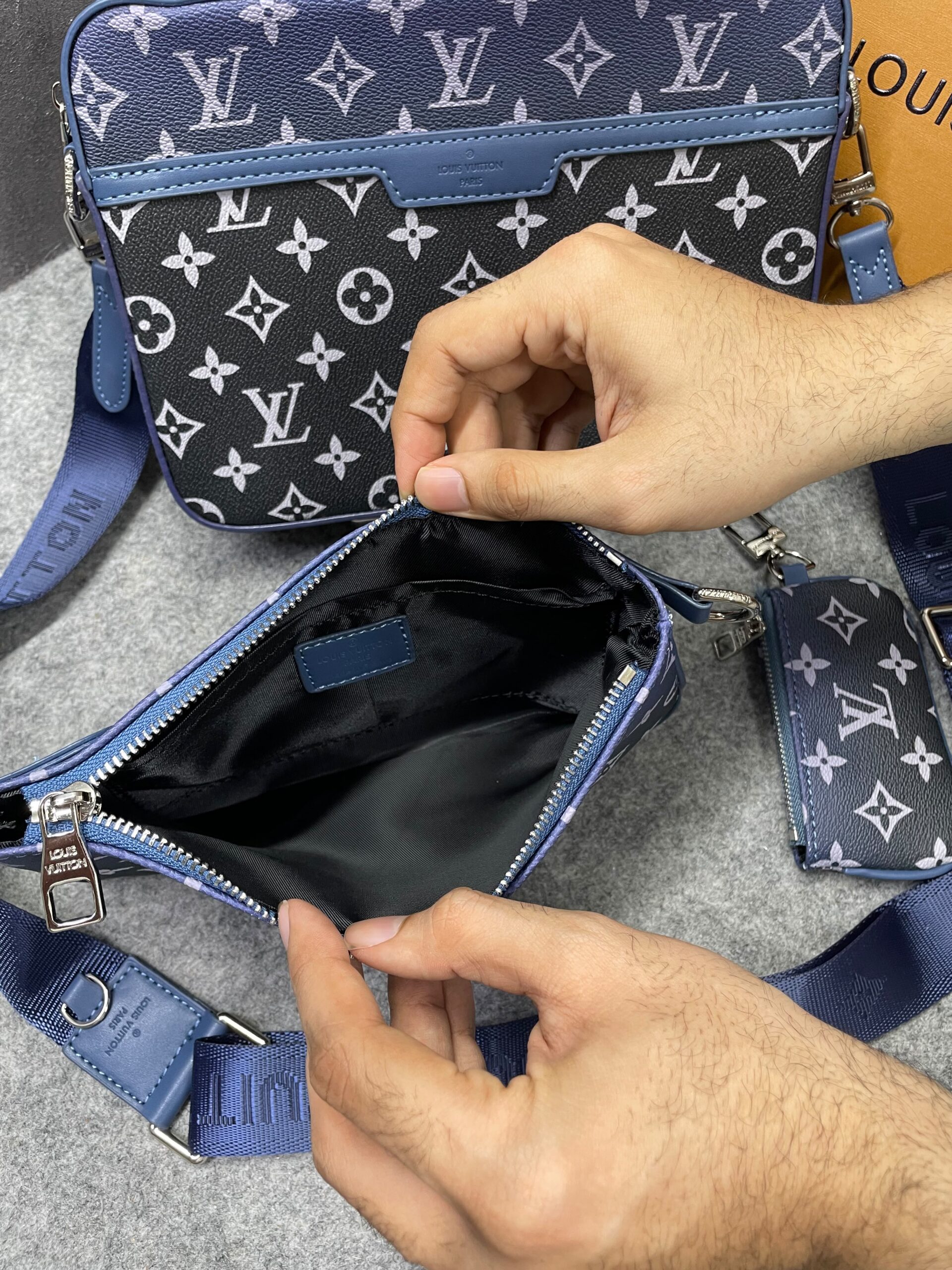 louuis vuitton lv m45320 virgil abloh trio messenger multi crossbody bag with og box & dust bag gradient blue louuis vuitton lv m45320 virgil abloh trio messenger multi crossbody bag with og box & dust bag gradient blue