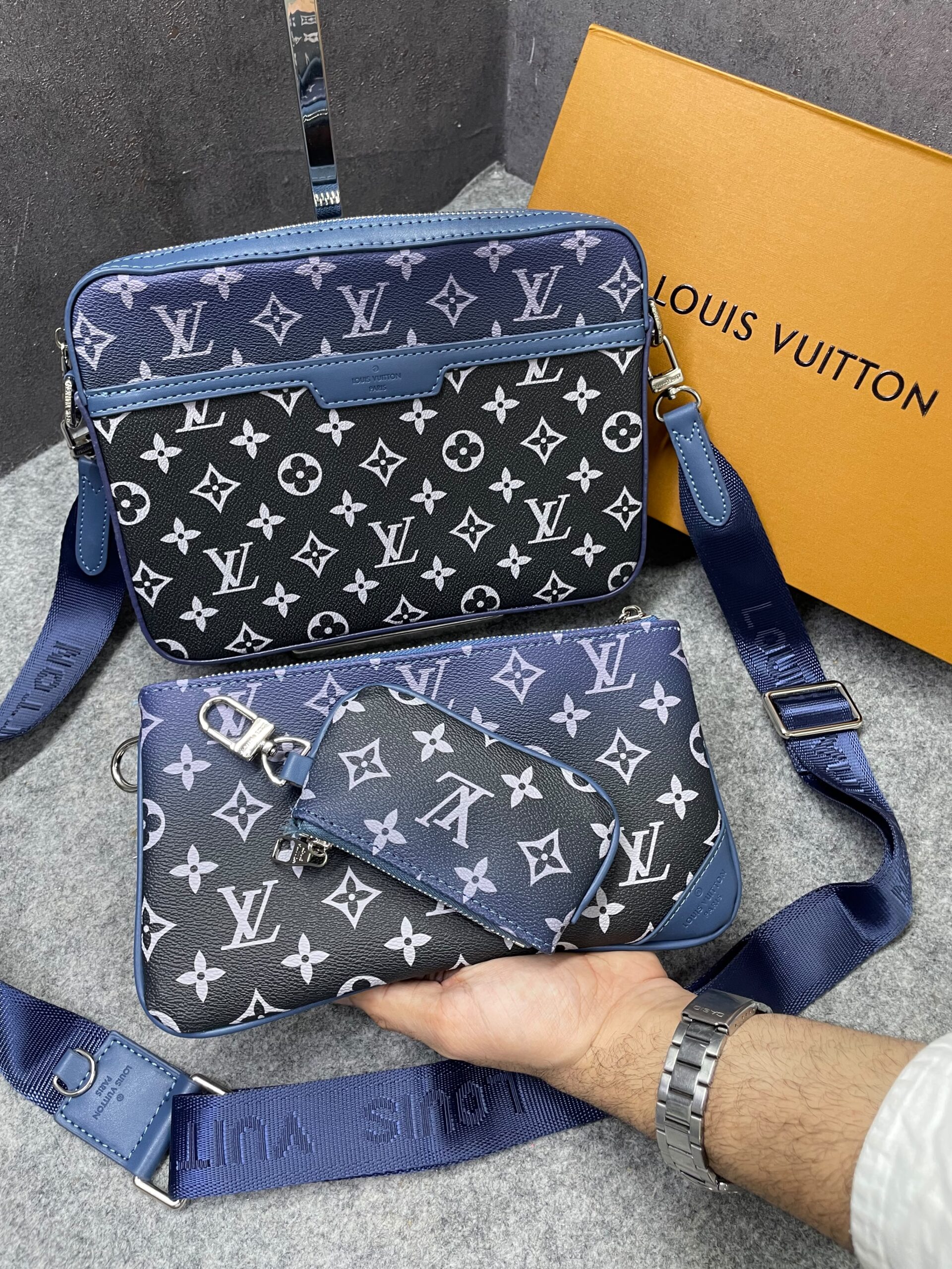 louuis vuitton lv m45320 virgil abloh trio messenger multi crossbody bag with og box & dust bag gradient blue louuis vuitton lv m45320 virgil abloh trio messenger multi crossbody bag with og box & dust bag gradient blue