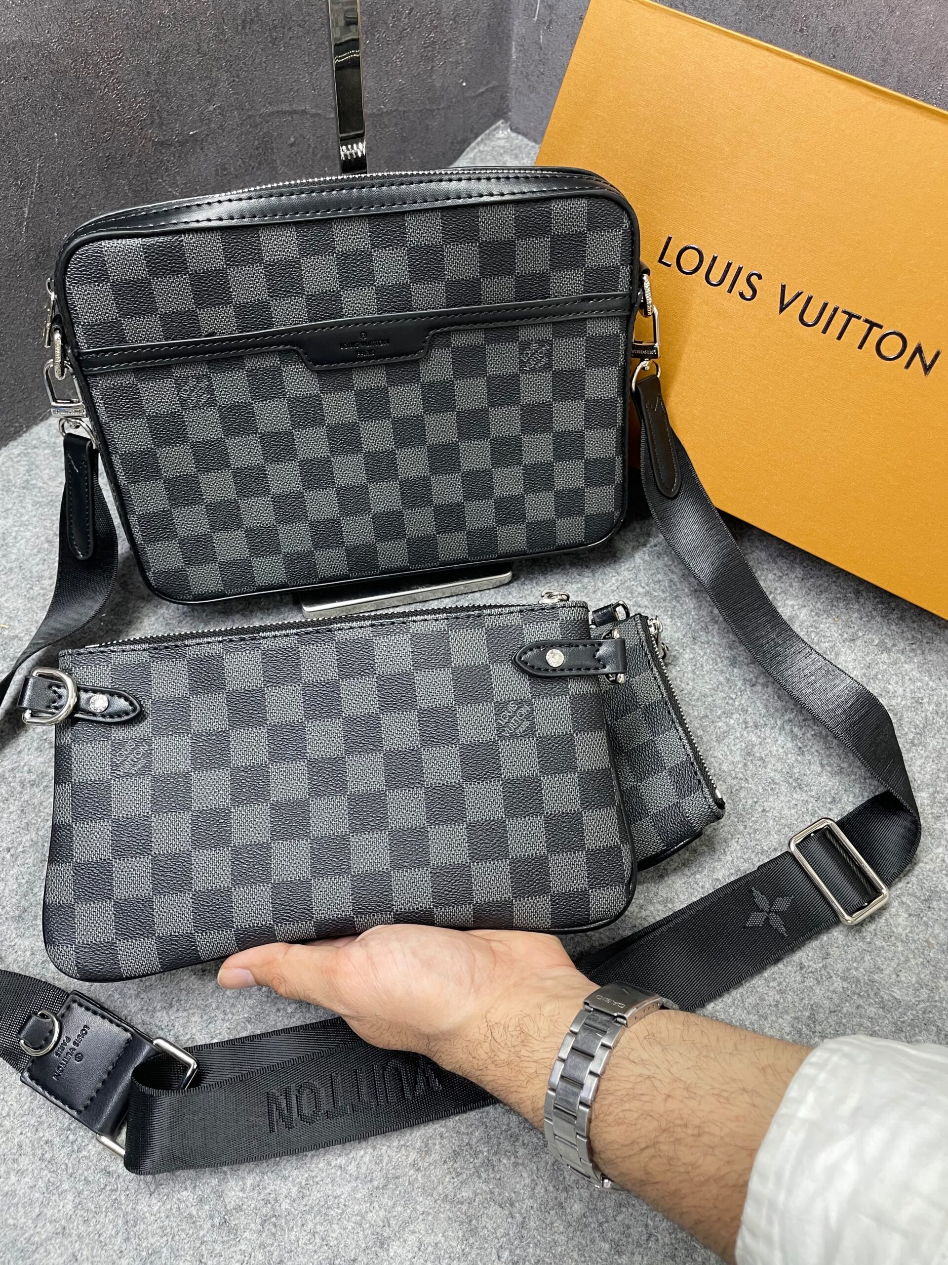 louuis vuitton lv m45320 virgil abloh trio messenger multi crossbody bag with og box & dust bag grid grey hague louuis vuitton lv m45320 virgil abloh trio messenger multi crossbody bag with og box & dust bag grid grey hague