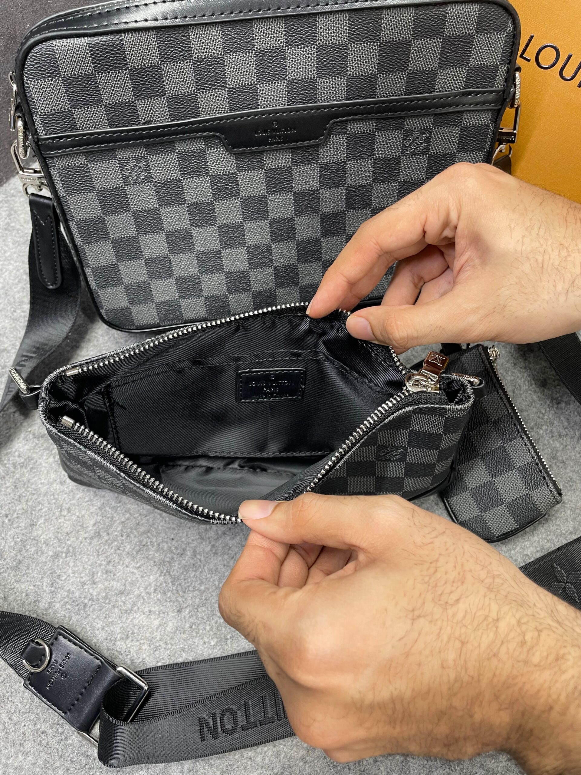 louuis vuitton lv m45320 virgil abloh trio messenger multi crossbody bag with og box & dust bag grid grey hague louuis vuitton lv m45320 virgil abloh trio messenger multi crossbody bag with og box & dust bag grid grey hague