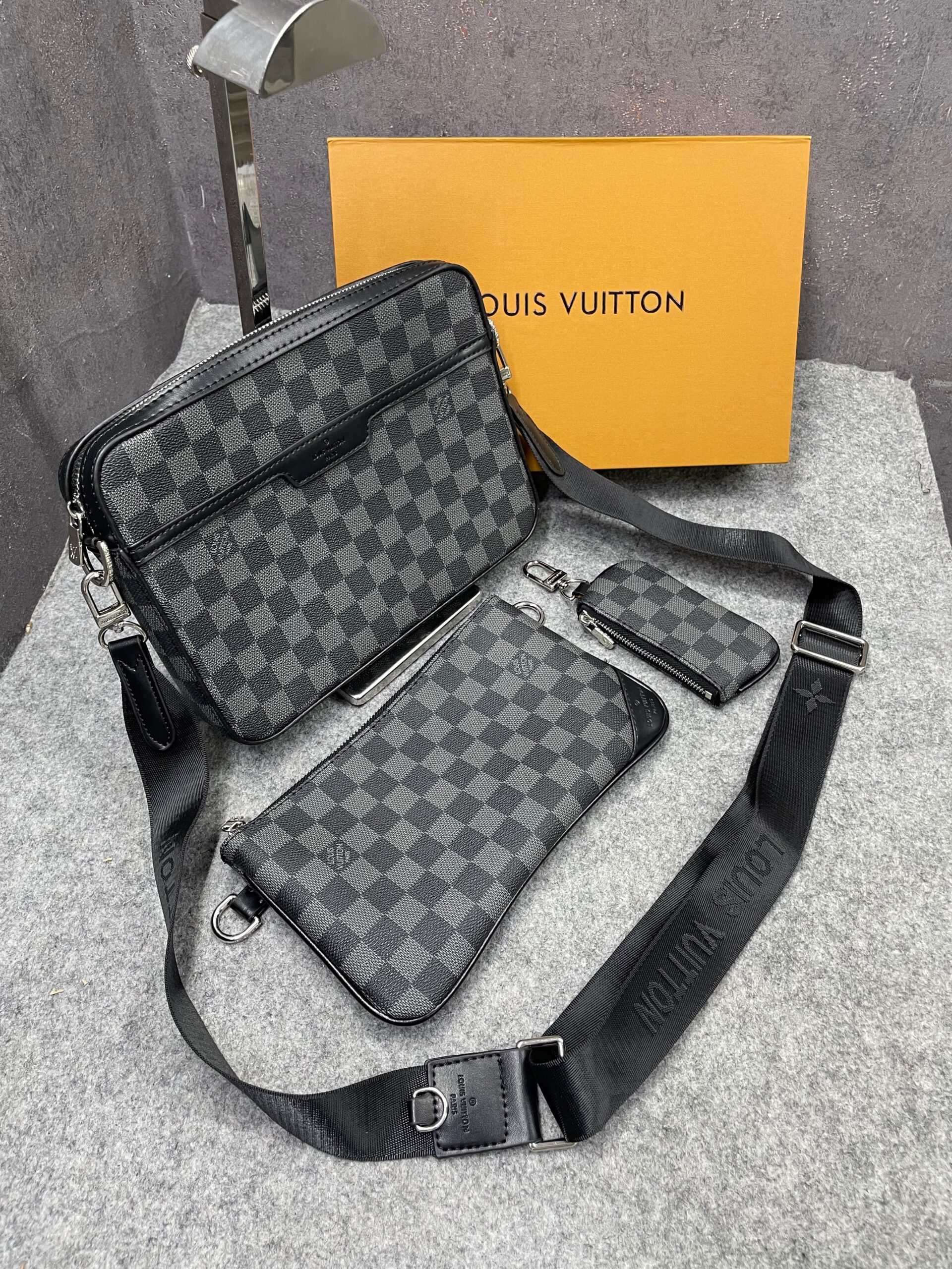 louuis vuitton lv m45320 virgil abloh trio messenger multi crossbody bag with og box & dust bag grid grey hague louuis vuitton lv m45320 virgil abloh trio messenger multi crossbody bag with og box & dust bag grid grey hague