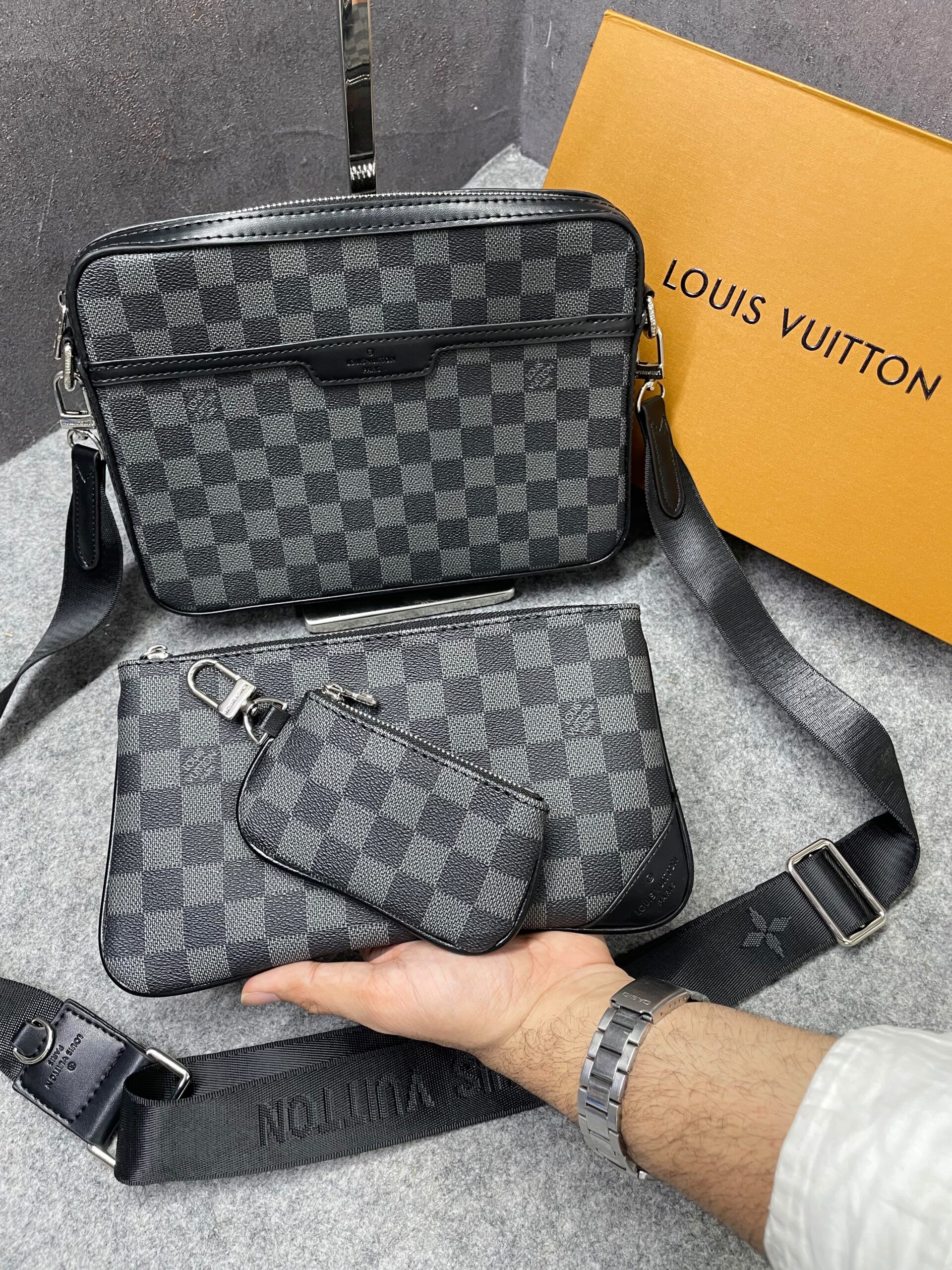 louuis vuitton lv m45320 virgil abloh trio messenger multi crossbody bag with og box & dust bag grid grey hague louuis vuitton lv m45320 virgil abloh trio messenger multi crossbody bag with og box & dust bag grid grey hague