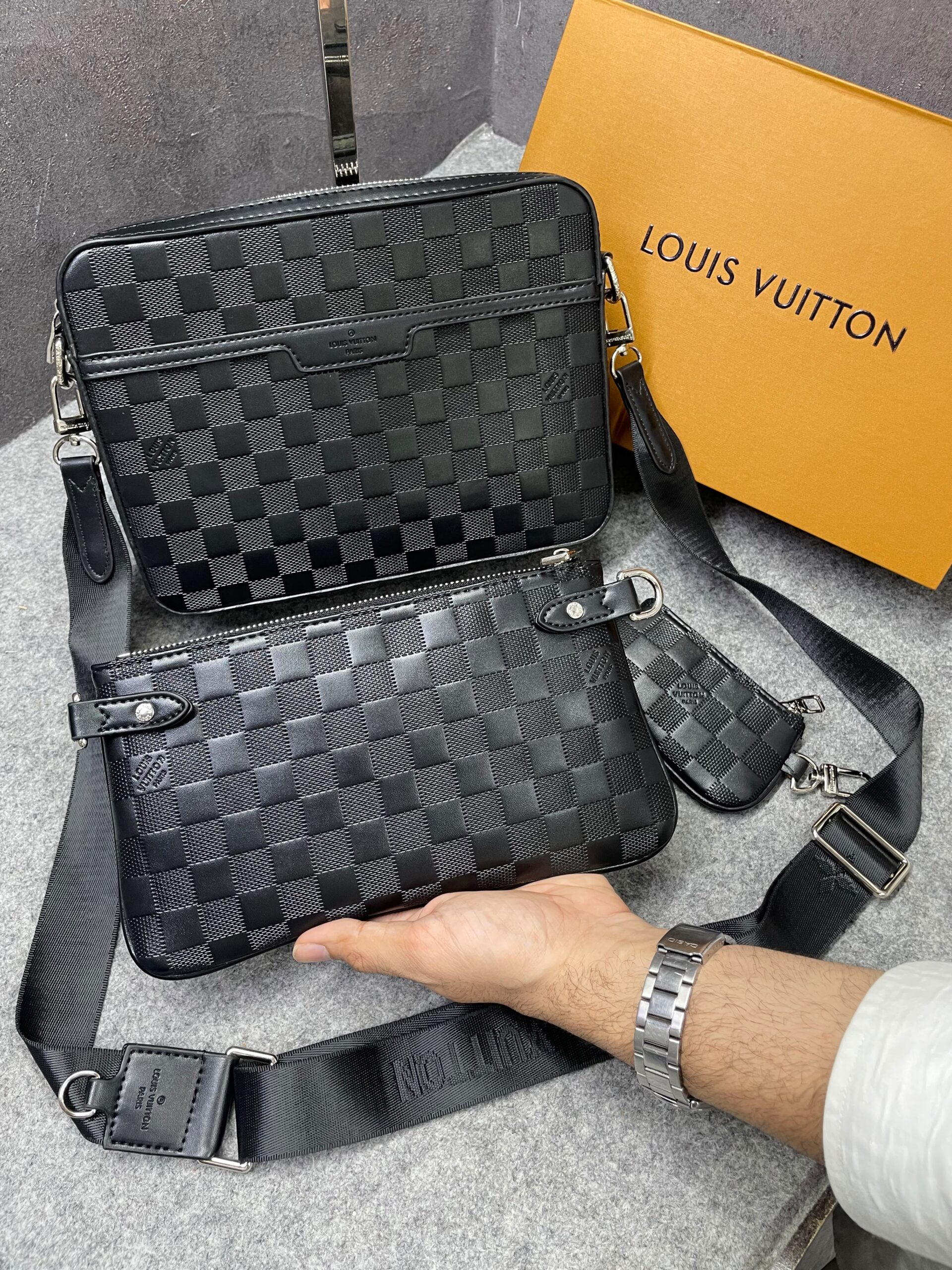 louuis vuitton lv m45320 virgil abloh trio messenger multi crossbody bag with og box & dust bag grid grey hague louuis vuitton lv m45320 virgil abloh trio messenger multi crossbody bag with og box & dust bag grid grey hague