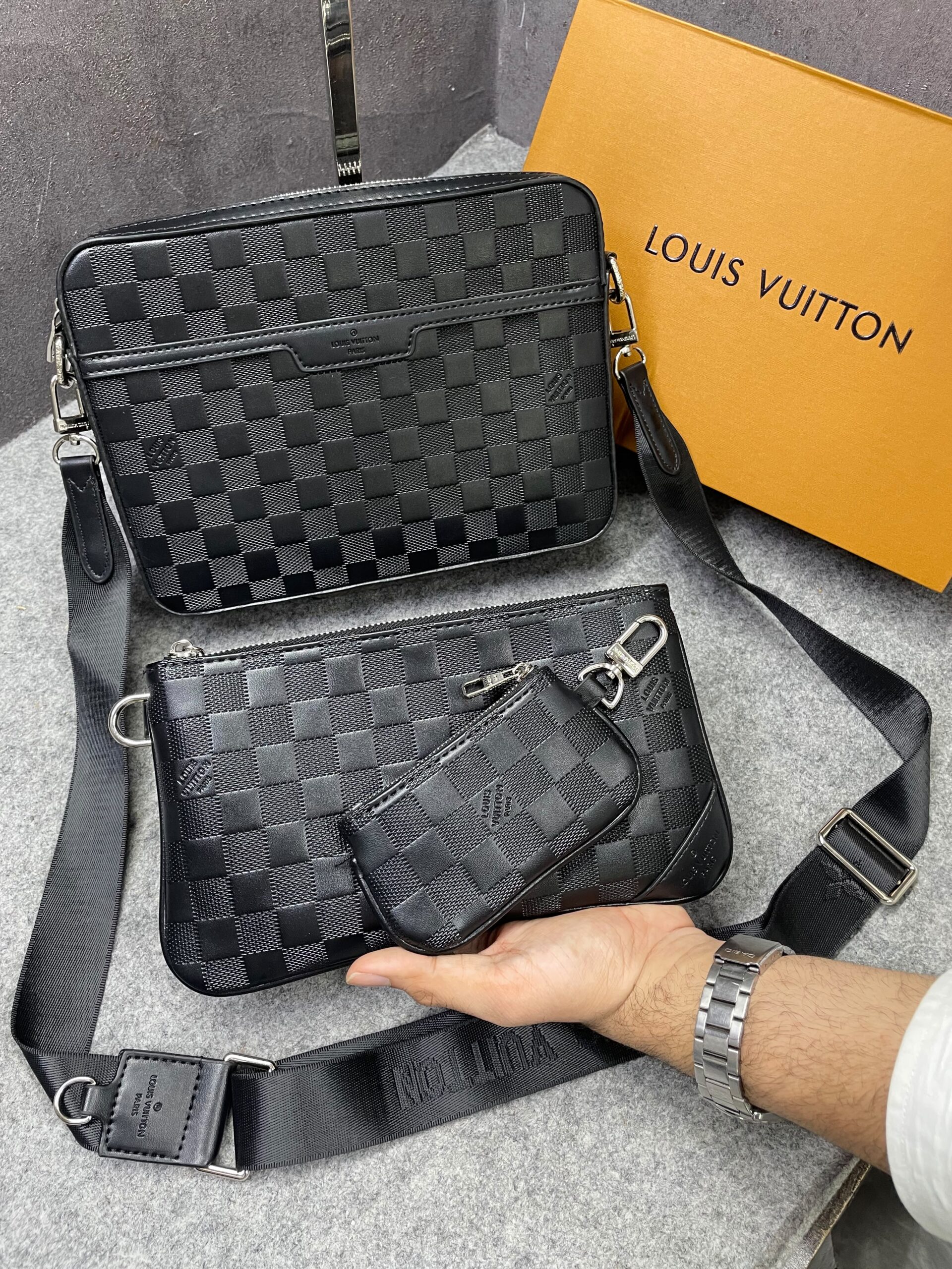 louuis vuitton lv m45320 virgil abloh trio messenger multi crossbody bag with og box & dust bag grid grey hague louuis vuitton lv m45320 virgil abloh trio messenger multi crossbody bag with og box & dust bag grid grey hague