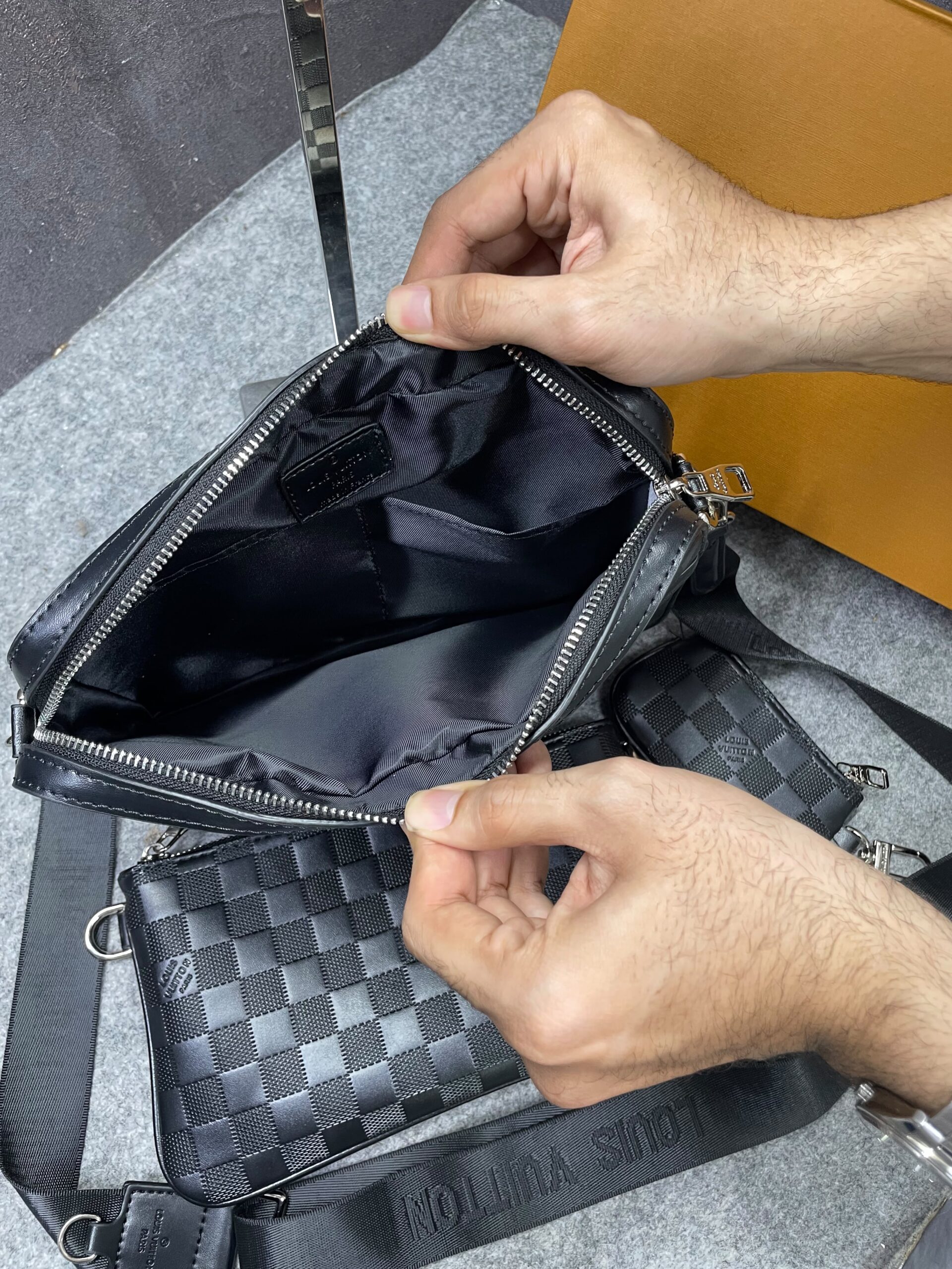 louuis vuitton lv m45320 virgil abloh trio messenger multi crossbody bag with og box & dust bag grid grey hague louuis vuitton lv m45320 virgil abloh trio messenger multi crossbody bag with og box & dust bag grid grey hague