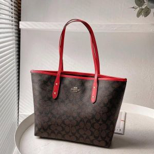coac signature city tote bag with og box & dust bag (dark brown red 6420)