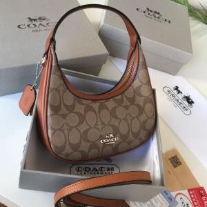 coac carmen mini crossbody in signature jacquard dark apricot with caramel with og box & dust bag 6421