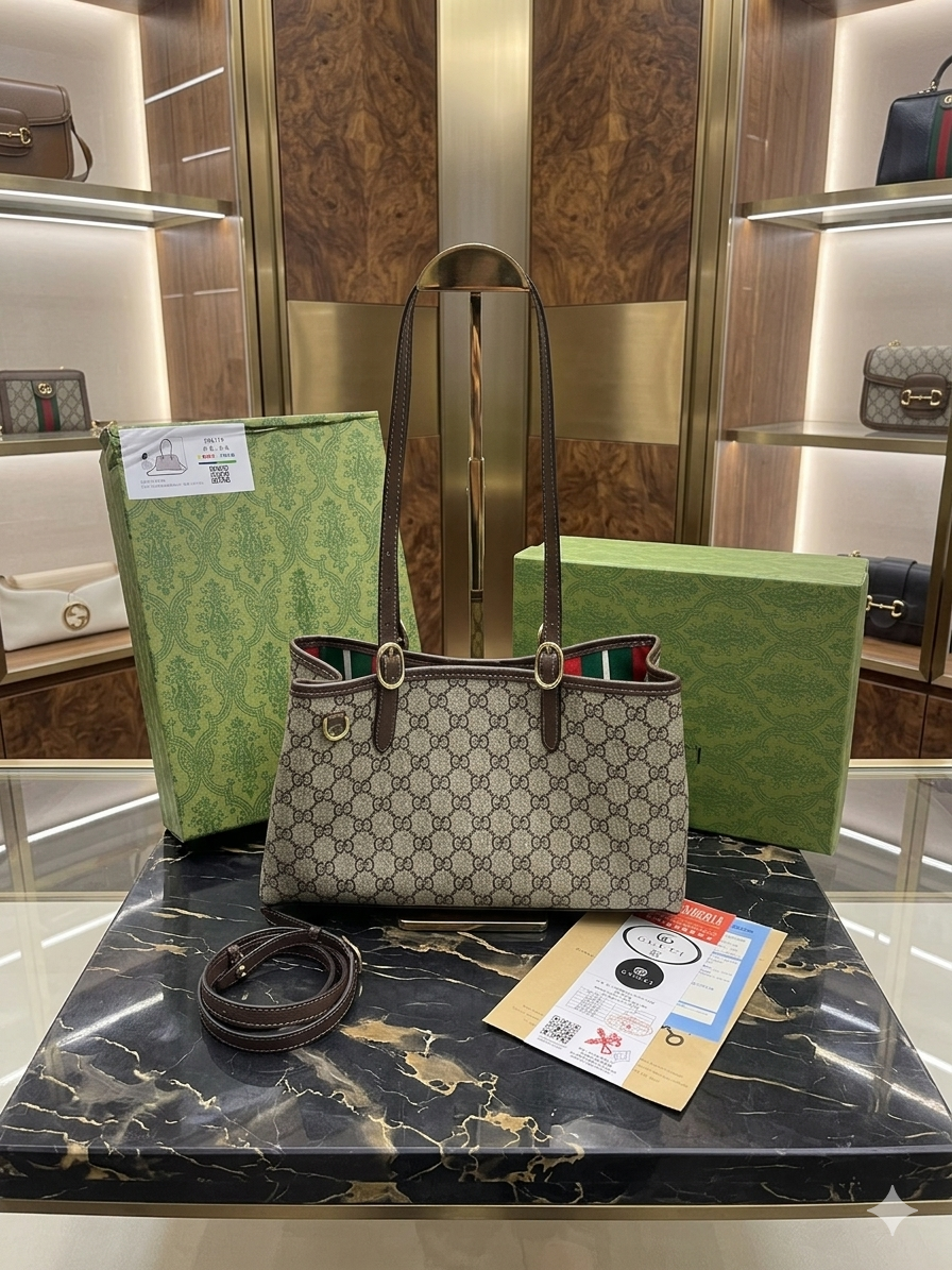 gucci gg emblem medium tote bag with og box dust cover & carry bag 88276 brown with khakhi
