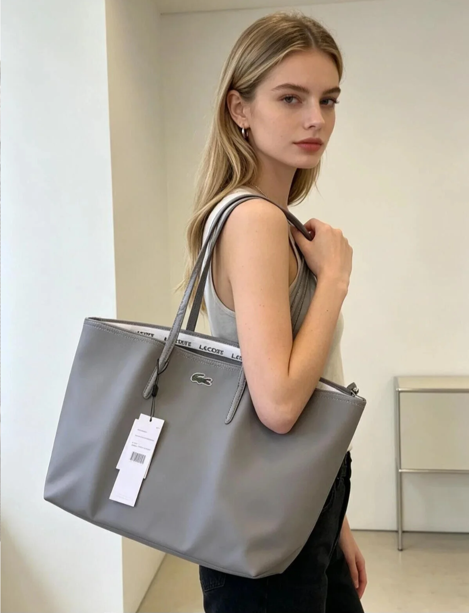 lacostte leather tote grey premium with og packing lacostte leather tote grey premium with og packing