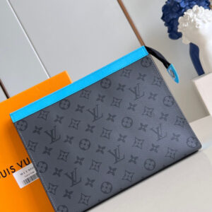 louiis vuitton pochette voyage mm clutch with dust cover & og box grey floral light blue