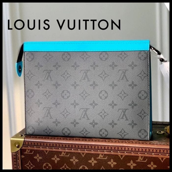 louiis vuitton pochette voyage mm clutch with dust cover & og box grey floral light blue louiis vuitton pochette voyage mm clutch with dust cover & og box grey floral light blue