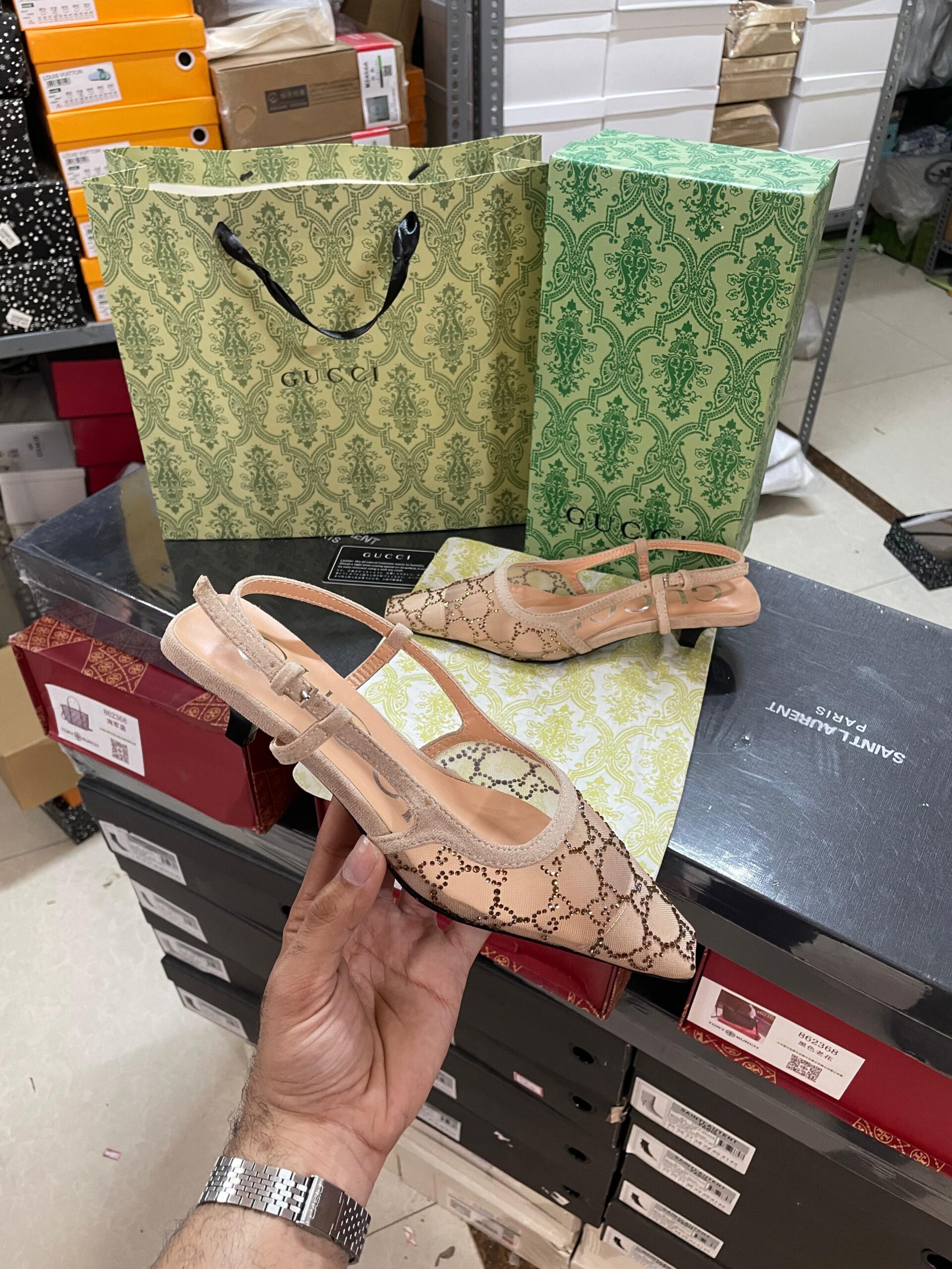 guccci gg mesh slingback pumps with crystals with og box & carry ba ricot 1806 guccci gg mesh slingback pumps with crystals with og box & carry ba ricot 1806