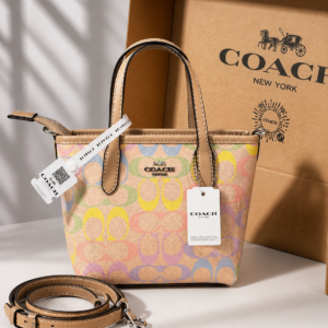 coacch mini tote bag multicolor signature canvas tan leather trim shoulder strap with og box & dust cover 165 rainbow