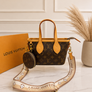louiis vuitton neverfull bb handbag monogram canvas yellow leather logo print strap detachable coin purse 306