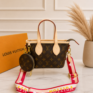 louiis vuitton neverfull bb handbag monogram canvas white skin leather logo print strap detachable coin purse 306