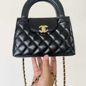 chaneel mini ekelly top handle black bag diamond quilted cc turn bag with og box & dust cover 7661 black