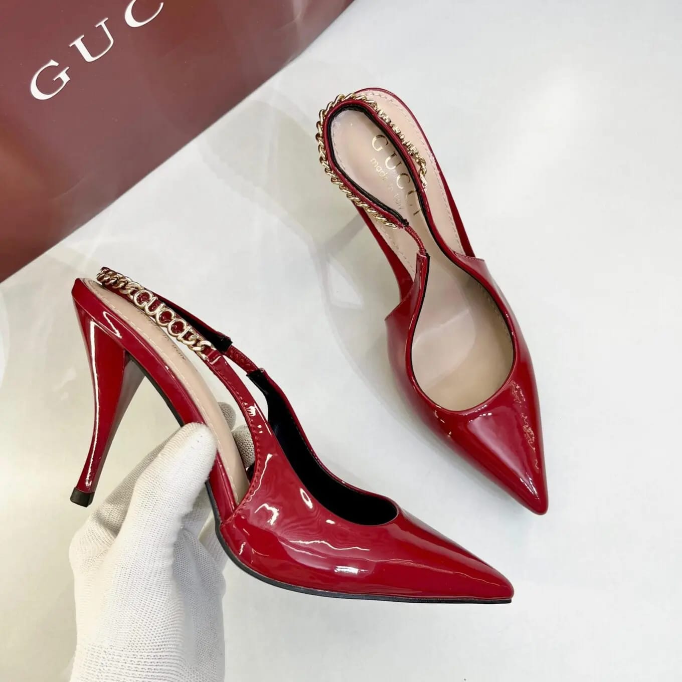 guccci signoria patent leather slingback pump glossy cherry red with og box & carry bag 129 4 red cherry guccci signoria patent leather slingback pump glossy cherry red with og box & carry bag 129 4 red cherry
