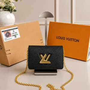 louiis vuitton twist mm bag crafted epi leather sling chain strap with og double dust cover & carry bag black 43662