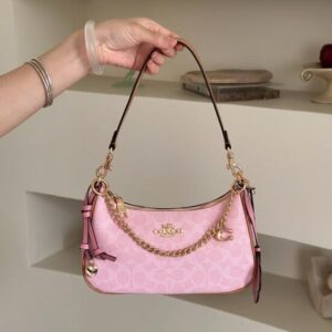 coacch teri shoulder bag signature canvas with flower charms chain powder pink with og box dust cover