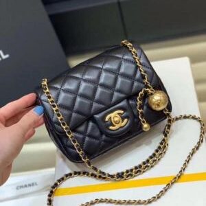 chane quilted cc crush mini flap black purse with folding box 6622