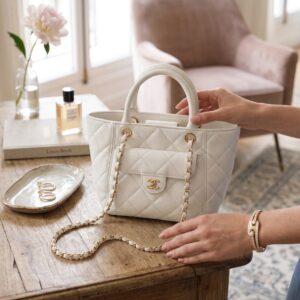 channel top handle quilted tote bag with dust bag & sling chain & card 6734