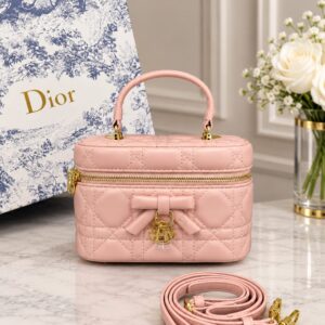christian dioor mini vanity pink lambskin classic cannage stitching leather bow with og box dust cover & carry bag 2888 pink