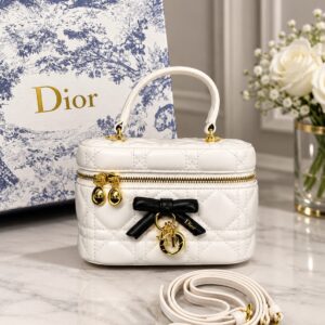 christian dioor mini vanity white black lambskin classic cannage stitching leather bow with og box dust cover & carry bag 2888 white black
