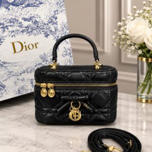 christian dioor mini vanity black lambskin classic cannage stitching leather bow with og box dust cover & carry bag 2888 black