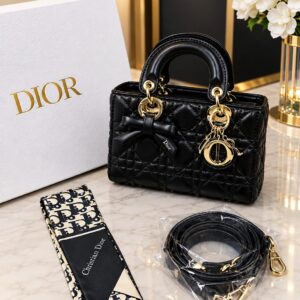 dioor lady cannage quilted top handle handbag with gold charms twilly scarf & shoulder strap with og box & carry bag m8688 black