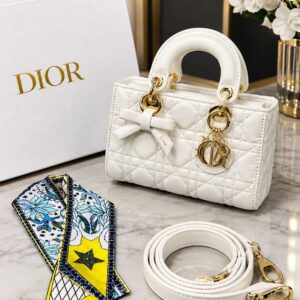dioor lady cannage quilted top handle handbag with gold charms twilly scarf & shoulder strap with og box & carry bag m8688 white