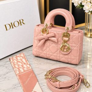 dioor lady cannage quilted top handle handbag with gold charms twilly scarf & shoulder strap with og box & carry bag m8688 pink