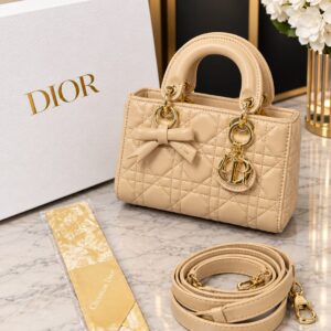 dioor lady cannage quilted top handle handbag with gold charms twilly scarf & shoulder strap with og box & carry bag m8688 milk tea apricot