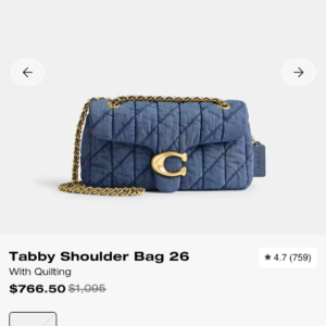 coacch quilted tabby medium shoulder bag 26 with og box dust cover & carry bag 704 denim blue