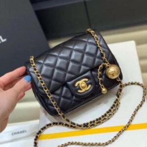 chane quilted cc crush mini flap black purse with folding box 6701